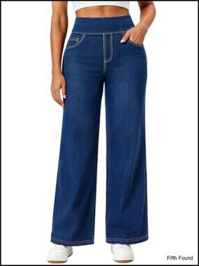 Women's Stretchy Wide Leg Pull On High Waist Jeans with Pockets